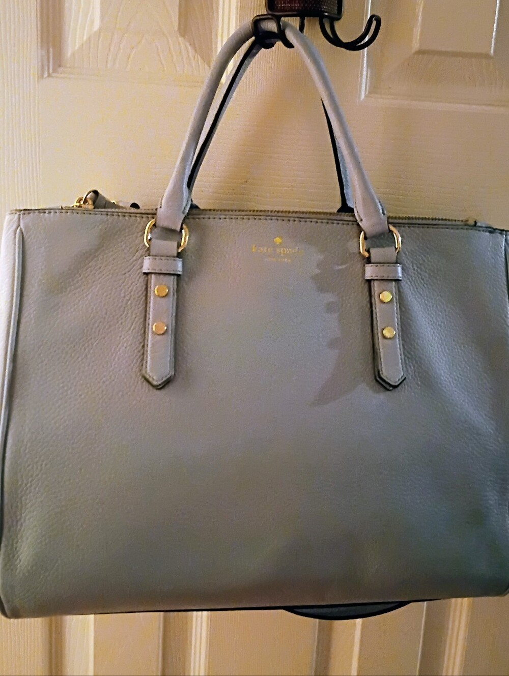 Kate Spade Light Blue Leather Mulberry Tote with gold hardware